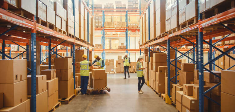A picture shows workers working in the warehouse.